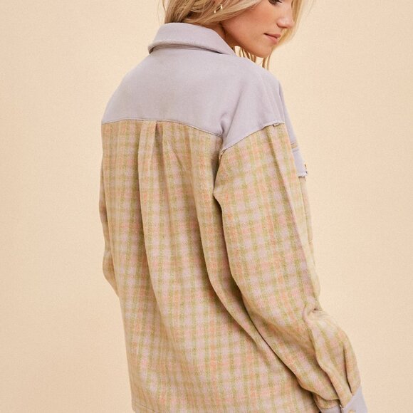 HEM & THREAD Plaid Shacket, Pastel Lilac & Beige, Oversized Button Down Jacket - Picture 6 of 6